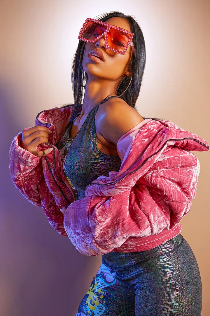 WOMENS OUTERWEAR SKULL VELVET PUFFER JACKET-PINK Best Seller 7 WOMENS OUTERWEAR SKULL VELVET PUFFER JACKET-PINK Best Seller