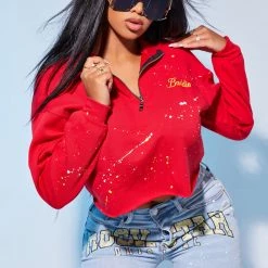 WOMENS HOODIES & SWEATSHIRTS BADDIE CROPPED SWEATSHIRT-RED