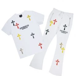 MENS TRACK SETS BERLIN T-SHIRT STACKED FLARE TRACKSET-WHITE