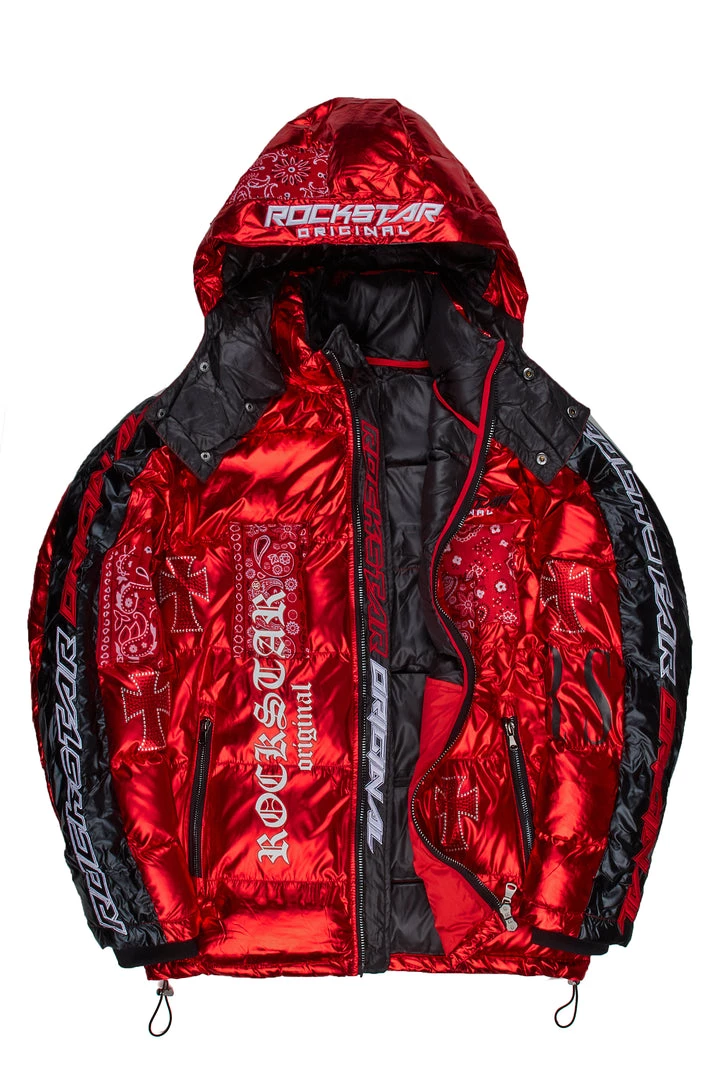 MENS OUTERWEAR BICKS PATCHWORK PUFFER JACKET-RED 2 MENS OUTERWEAR BICKS PATCHWORK PUFFER JACKET-RED