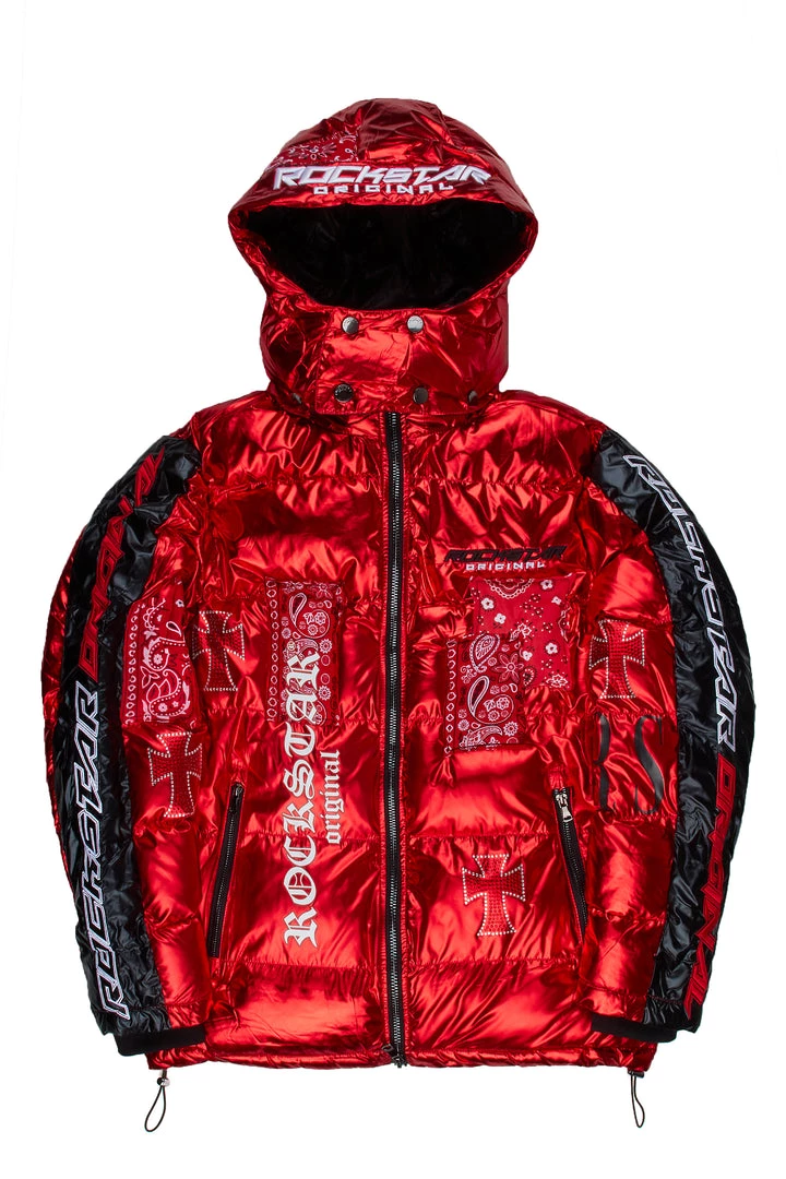 MENS OUTERWEAR BICKS PATCHWORK PUFFER JACKET-RED 1 MENS OUTERWEAR BICKS PATCHWORK PUFFER JACKET-RED