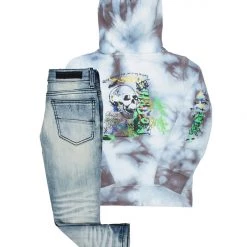 BOYS DENIM SETS New Arrivals BOYS ZAYDEN HOODIE/JEAN SET-GREY/LIGHT WASH