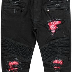 MENS JEANS BRUCE BIKER PATCH JEAN- BLK/RED Denim