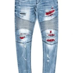 MENS JEANS Denim BRUCE BIKER PATCH JEAN- BLUE/RED