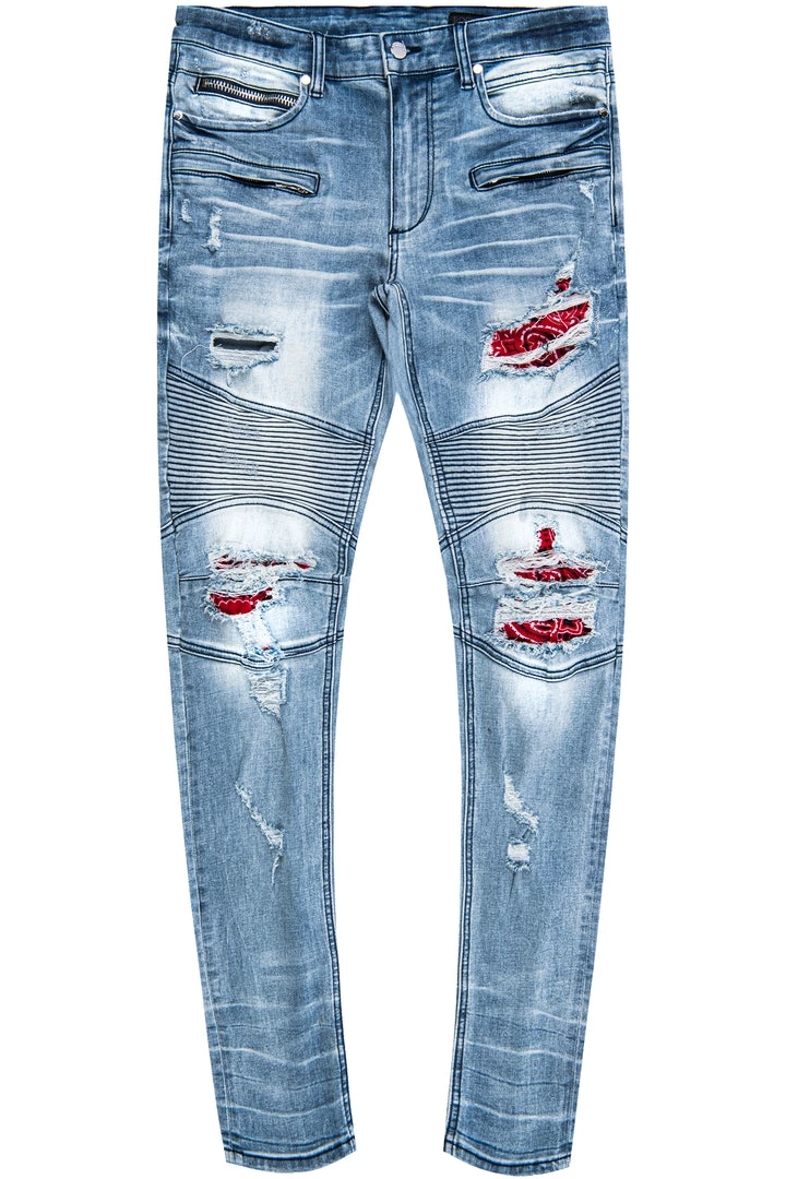 MENS JEANS Denim BRUCE BIKER PATCH JEAN- BLUE/RED 1 MENS JEANS Denim BRUCE BIKER PATCH JEAN- BLUE/RED