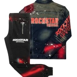 MENS TRACK SETS CARMELO DENIM JACKET/TRACKPANT SET-BLACK/RED 7 MENS TRACK SETS CARMELO DENIM JACKET/TRACKPANT SET-BLACK/RED