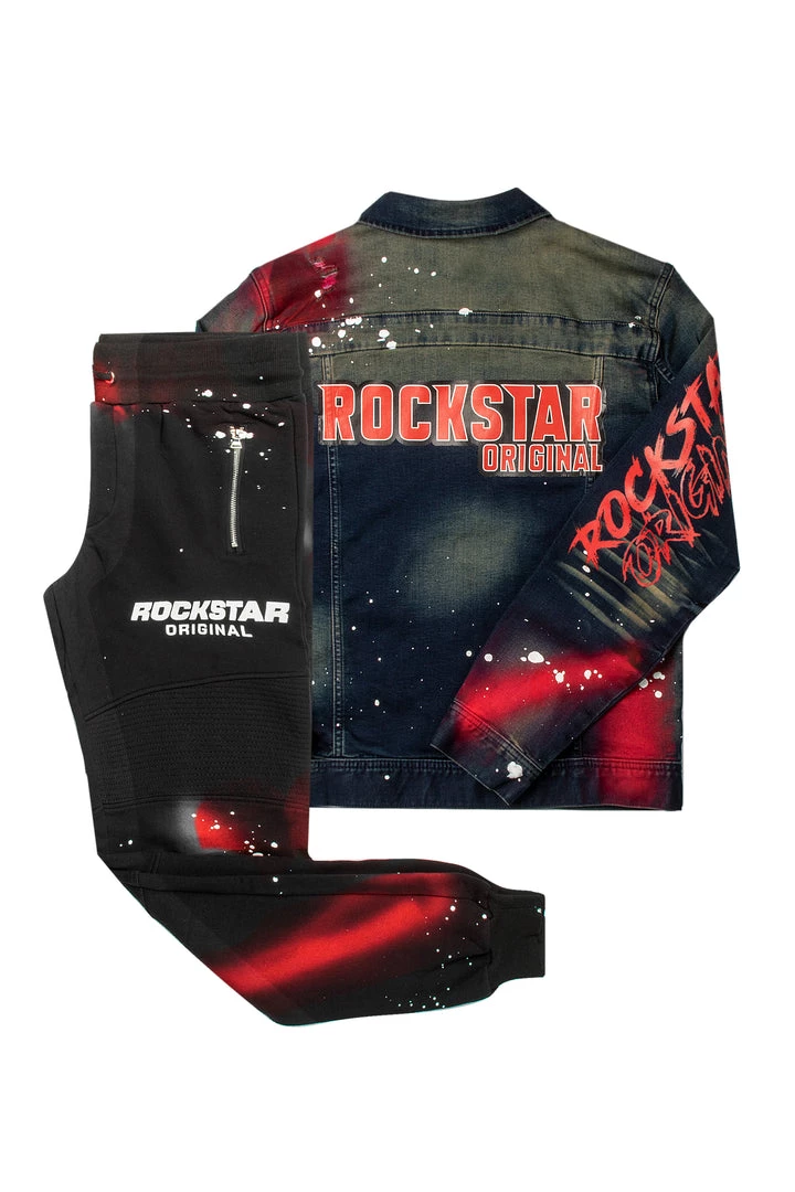 MENS TRACK SETS CARMELO DENIM JACKET/TRACKPANT SET-BLACK/RED 4 MENS TRACK SETS CARMELO DENIM JACKET/TRACKPANT SET-BLACK/RED