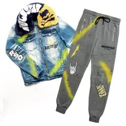 MENS TRACK SETS CARMELO DENIM JACKET/TRACKPANT SET-NAVY/YELLOW 10 MENS TRACK SETS CARMELO DENIM JACKET/TRACKPANT SET-NAVY/YELLOW