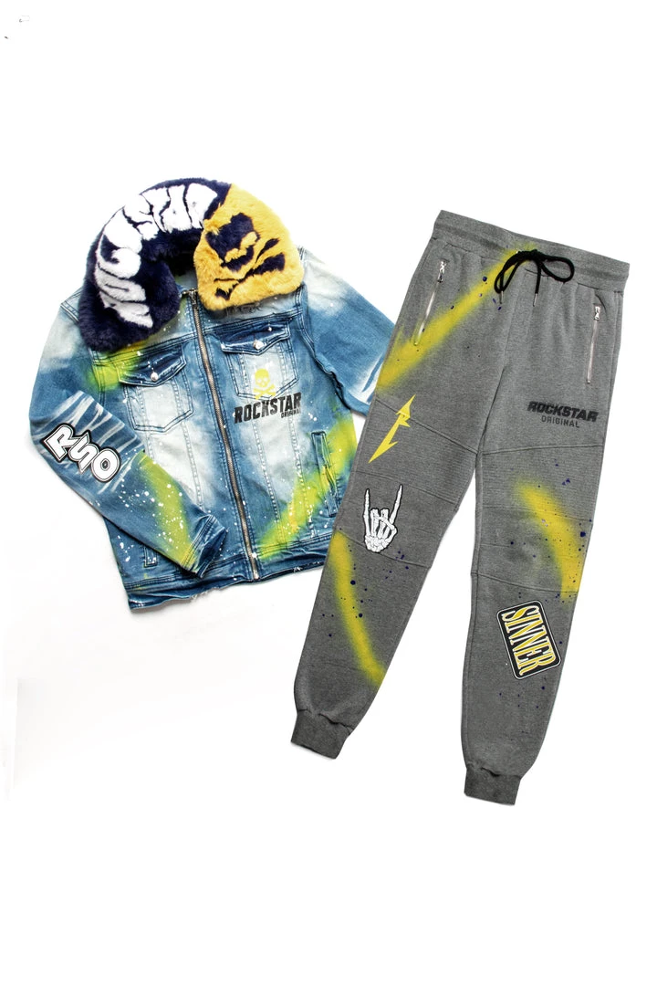 MENS TRACK SETS CARMELO DENIM JACKET/TRACKPANT SET-NAVY/YELLOW 4 MENS TRACK SETS CARMELO DENIM JACKET/TRACKPANT SET-NAVY/YELLOW