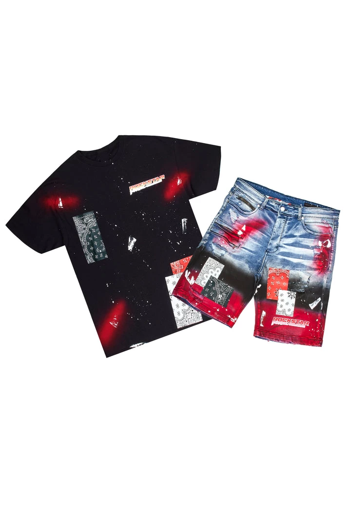 MENS SHORT SETS Track Sets CIEN T-SHIRT/DENIM SHORT SET-BLK/RED 1 MENS SHORT SETS Track Sets CIEN T-SHIRT/DENIM SHORT SET-BLK/RED