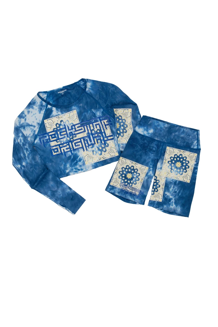WOMENS ACTIVE SHORT SETS CLARA TIE DYE BIKE SHORT SET-BLUE 3 WOMENS ACTIVE SHORT SETS CLARA TIE DYE BIKE SHORT SET-BLUE