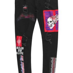 MENS JEANS CANNON PATCHWORK JEAN- BLACK/RED Denim