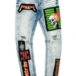 MENS JEANS CANNON PATCHWORK GRAPHIC PRINTED JEAN-BLUE Denim
