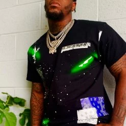 MENS SHORT SETS CIEN T-SHIRT/DENIM SHORT SET-BLK/GREEN