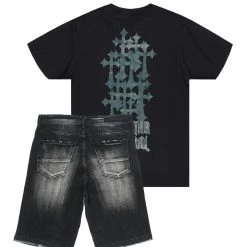 MENS SHORT SETS SAGER T-SHIRT/DENIM SHORT SET-BLACK