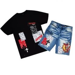 MENS SHORT SETS LENDRICK T-SHIRT/DENIM SHORT SET-BLACK Track Sets