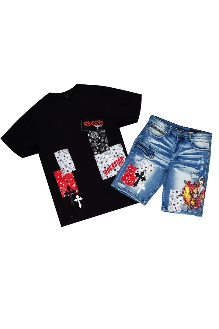 MENS SHORT SETS LENDRICK T-SHIRT/DENIM SHORT SET-BLACK Track Sets 1 MENS SHORT SETS LENDRICK T-SHIRT/DENIM SHORT SET-BLACK Track Sets