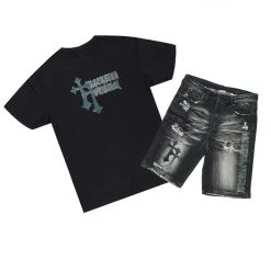 MENS SHORT SETS SAGER T-SHIRT/DENIM SHORT SET-BLACK