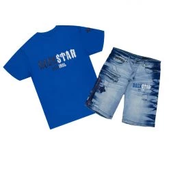 MENS SHORT SETS AQUINO T-SHIRT/DENIM SHORT SET- ROYAL BLUE Track Sets