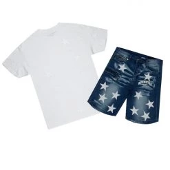 MENS SHORT SETS STELLAR T-SHIRT/DENIM SHORT SET-WHITE Track Sets