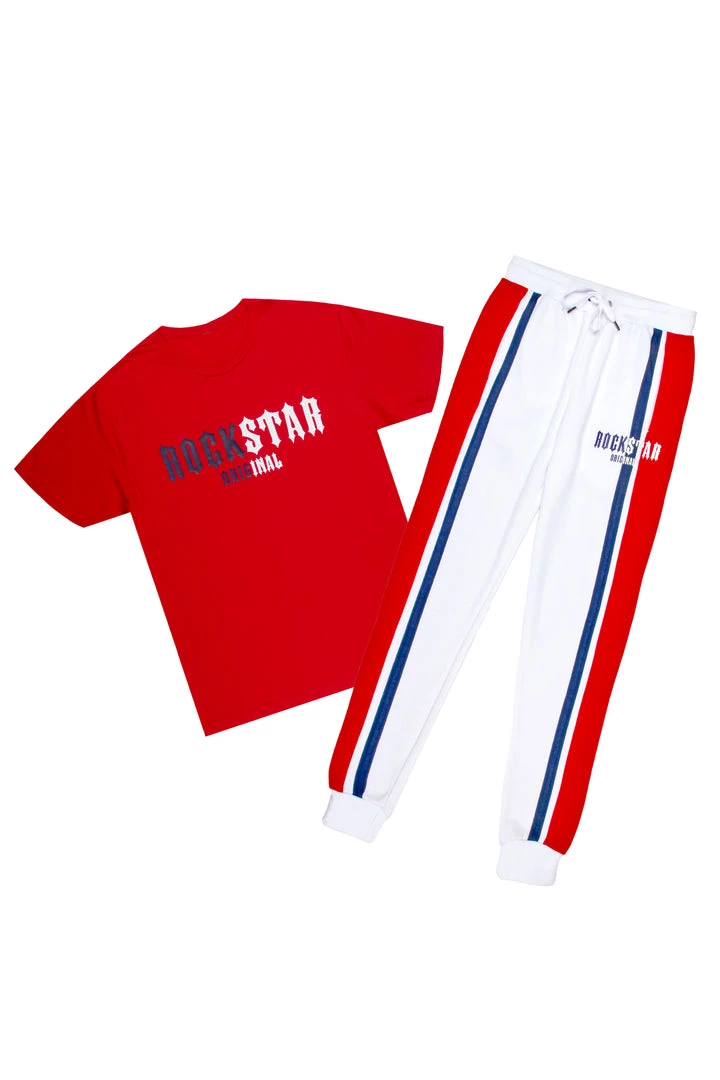 MENS TRACK SETS DEPP T-SHIRT/JOGGER SET-RED/WHITE 1 MENS TRACK SETS DEPP T-SHIRT/JOGGER SET-RED/WHITE