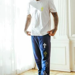 MENS TRACK SETS DIOSE T-SHIRT/FLARE PANT SET-WHITE/NAVY