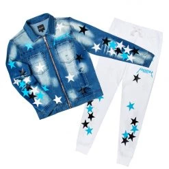 MENS TRACK SETS DOMINIC DENIM JACKET/TRACKPANT SET-WHITE/BLUE 10 MENS TRACK SETS DOMINIC DENIM JACKET/TRACKPANT SET-WHITE/BLUE