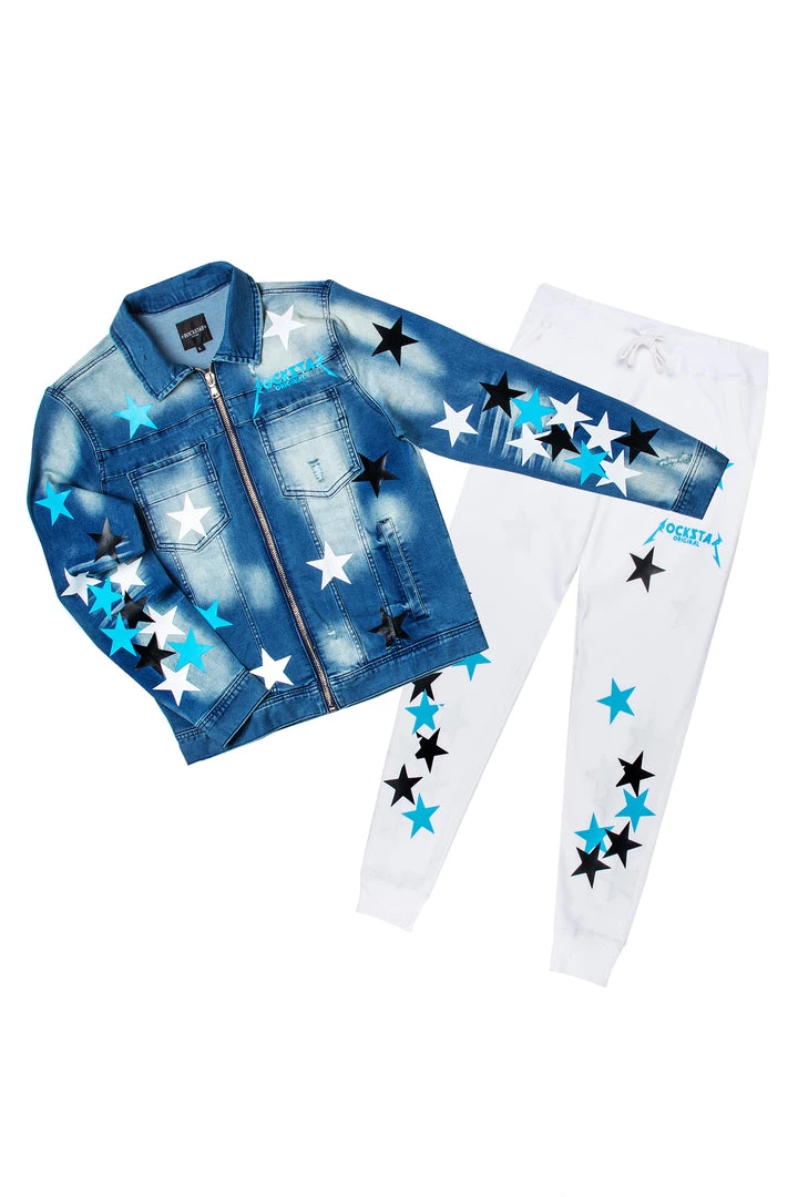 MENS TRACK SETS DOMINIC DENIM JACKET/TRACKPANT SET-WHITE/BLUE 4 MENS TRACK SETS DOMINIC DENIM JACKET/TRACKPANT SET-WHITE/BLUE
