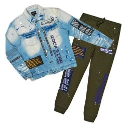 MENS TRACK SETS DOUG DENIM JACKET/TRACKPANT SET-OLIVE