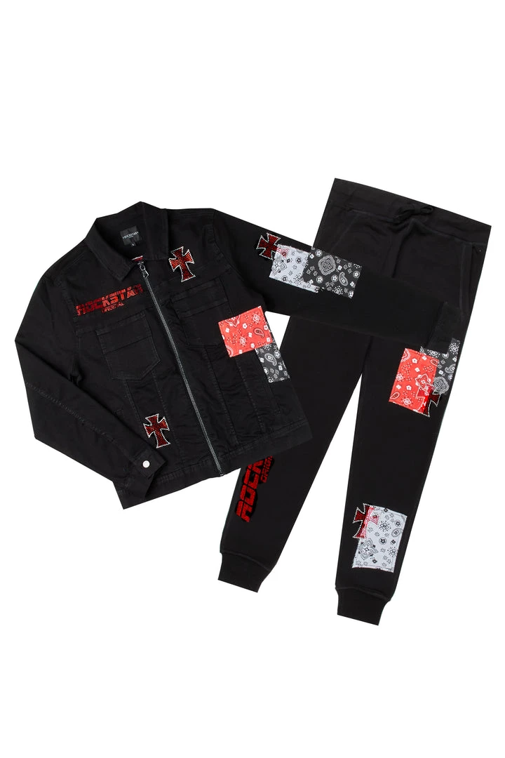 MENS TRACK SETS ENOC DENIM JACKET/TRACKPANT SET-BLACK 1 MENS TRACK SETS ENOC DENIM JACKET/TRACKPANT SET-BLACK
