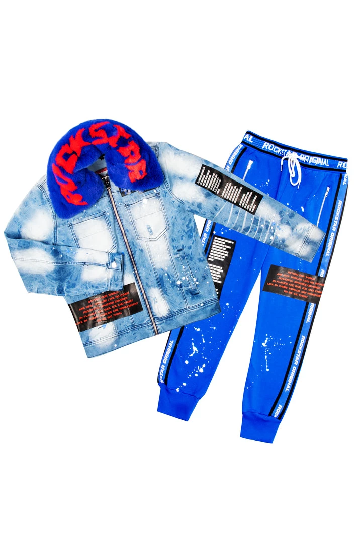 MENS TRACK SETS EVERETT DENIM JACKET/TRACKPANT SET-BLUE 1 MENS TRACK SETS EVERETT DENIM JACKET/TRACKPANT SET-BLUE