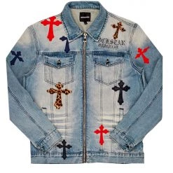 MENS DENIM JACKETS EXO PATCHWORK JACKET-BLUE MULTI