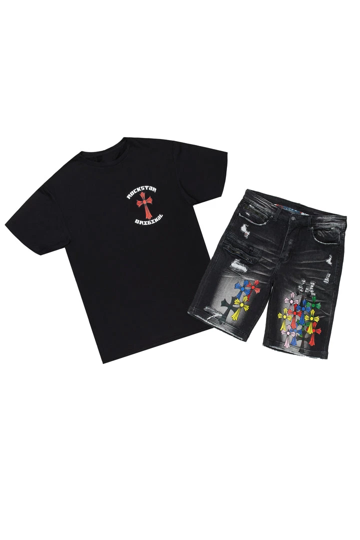 MENS SHORT SETS FANTOME T-SHIRT/DENIM SHORT SET-BLACK 1 MENS SHORT SETS FANTOME T-SHIRT/DENIM SHORT SET-BLACK