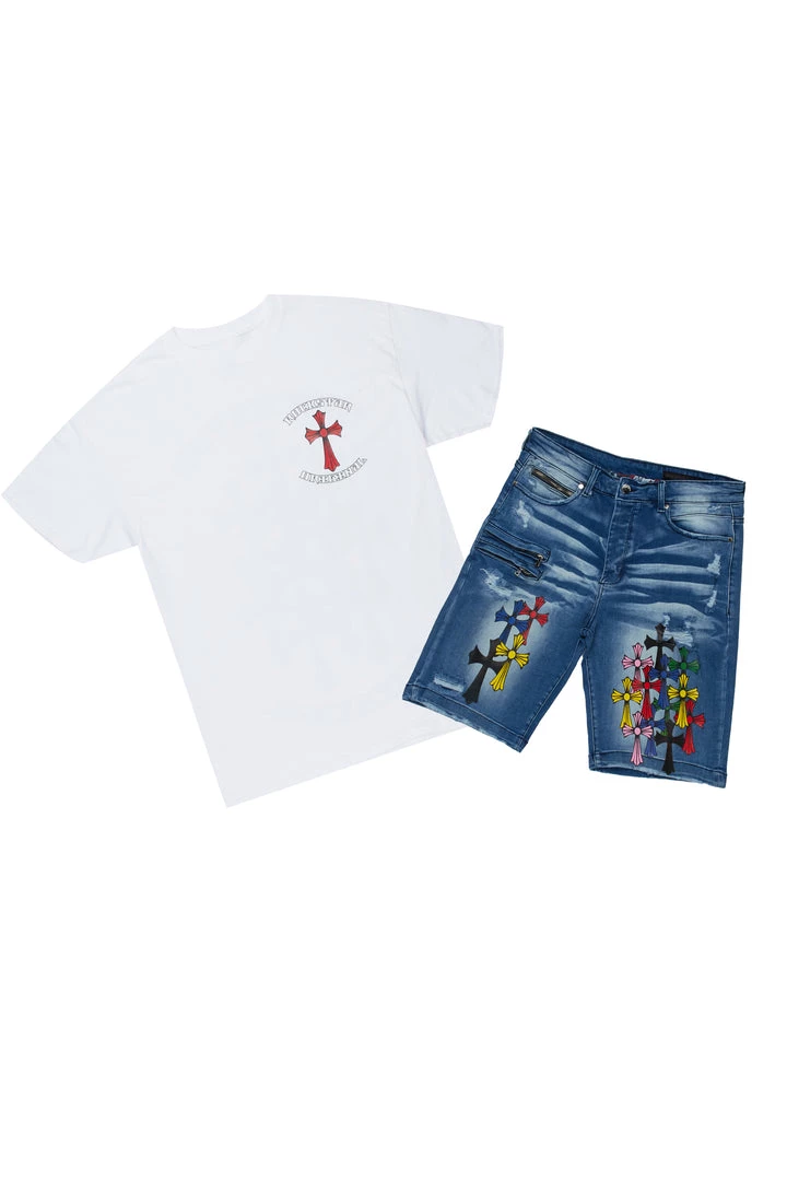 MENS SHORT SETS FANTOME T-SHIRT/DENIM SHORT SET-WHITE 1 MENS SHORT SETS FANTOME T-SHIRT/DENIM SHORT SET-WHITE