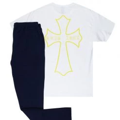 MENS TRACK SETS DIOSE T-SHIRT/FLARE PANT SET-WHITE/NAVY