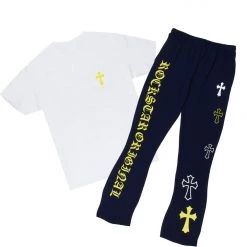 MENS TRACK SETS DIOSE T-SHIRT/FLARE PANT SET-WHITE/NAVY