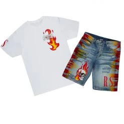 MENS SHORT SETS FUEGOS T-SHIRT/DENIM SHORT SET-WHITE