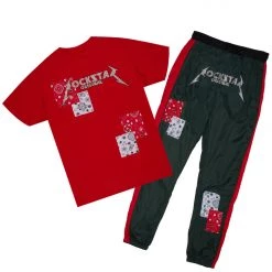 MENS TRACK SETS GRAND T-SHIRT/TRACKPANT SET-RED/GREEN