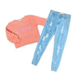 GIRLS DENIM SET GIRLS JEMMA SWEATER/JEAN SET-APRICOT New Arrivals