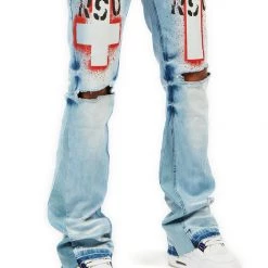 MENS JEANS ITRI PRINTED STACKED FLARE JEAN-BLUE Denim