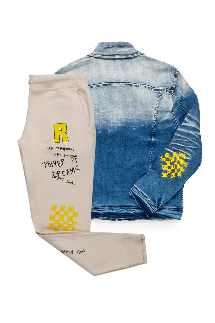 MENS TRACK SETS JIN DENIM JACKET/TRACKPANT SET-BEIGE 4 MENS TRACK SETS JIN DENIM JACKET/TRACKPANT SET-BEIGE