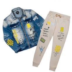 MENS TRACK SETS JIN DENIM JACKET/TRACKPANT SET-BEIGE