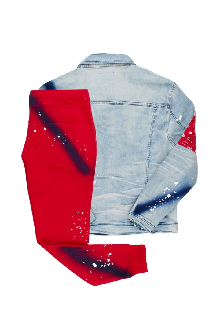 MENS TRACK SETS KRON DENIM JACKET/TRACKPANT SET-RED 4 MENS TRACK SETS KRON DENIM JACKET/TRACKPANT SET-RED