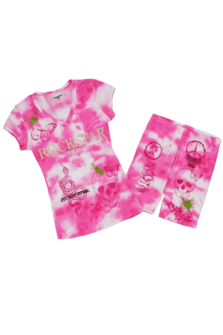 WOMENS ACTIVE SHORT SETS LAILA TIE DYE BIKE SHORT SET-PINK 3 WOMENS ACTIVE SHORT SETS LAILA TIE DYE BIKE SHORT SET-PINK