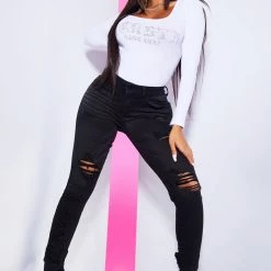 WOMENS JEANS SUPER DISTRESSED SKINNY JEAN-BLACK Best Seller