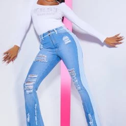 WOMENS JEANS Best Seller HIGH WAISTED FRAYED SEAM FLARE JEAN-MEDIUM WASH