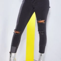 WOMENS JEANS DISTRESSED PATCHWORK SKINNY JEAN-DARK GREY