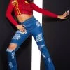 WOMENS JEANS HIGH WAISTED DISTRESSED FLARE JEAN-MEDIUM WASH