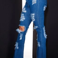 WOMENS JEANS HIGH WAISTED DISTRESSED FLARE JEAN-MEDIUM WASH