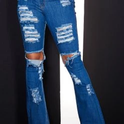 WOMENS JEANS HIGH WAISTED DISTRESSED FLARE JEAN-MEDIUM WASH